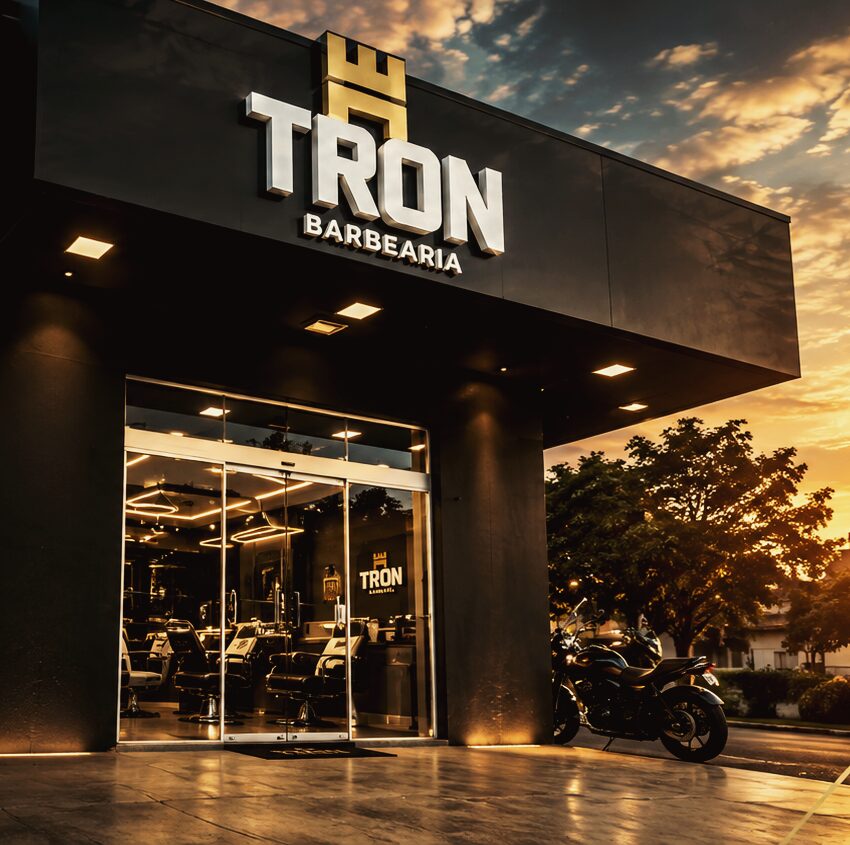 Fachada da TRON Barbearia ao entardecer, com o letreiro iluminado e a porta de vidro mostrando as cadeiras no interior